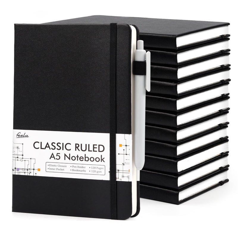 Feela 12 Pack Notebooks Journals Bulk with 12 Black Pens, Feela A5 Hardcover Notebook Classic Ruled Journal Set with Pen Holder for School Business Work Travel Writing, 120 GSM, 5.1â€x8.3â€, Black - Image 1